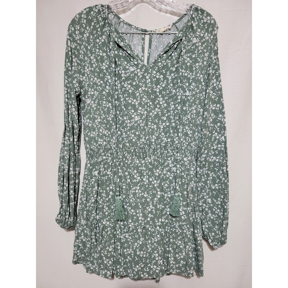 Mainstrip Romper Women Large Green Excellent Floral Smocked Tassel LR71031